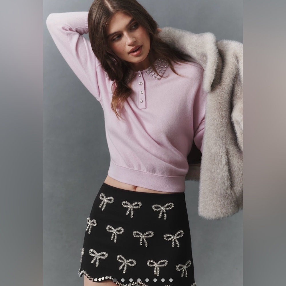 New small Anthropologie Maeve Studded Collar cashmere blend Sweater pink lilac